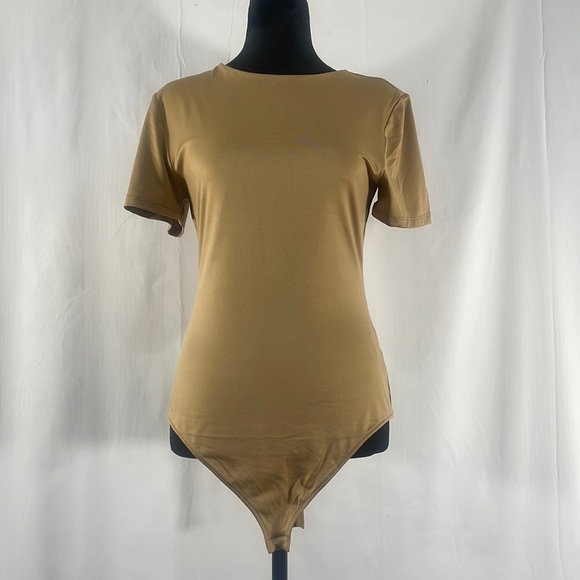 Gianni Bini Short Sleeve, Crew Neck, tan,brown, Bodysuit,Top,Large - Picture 2 of 12